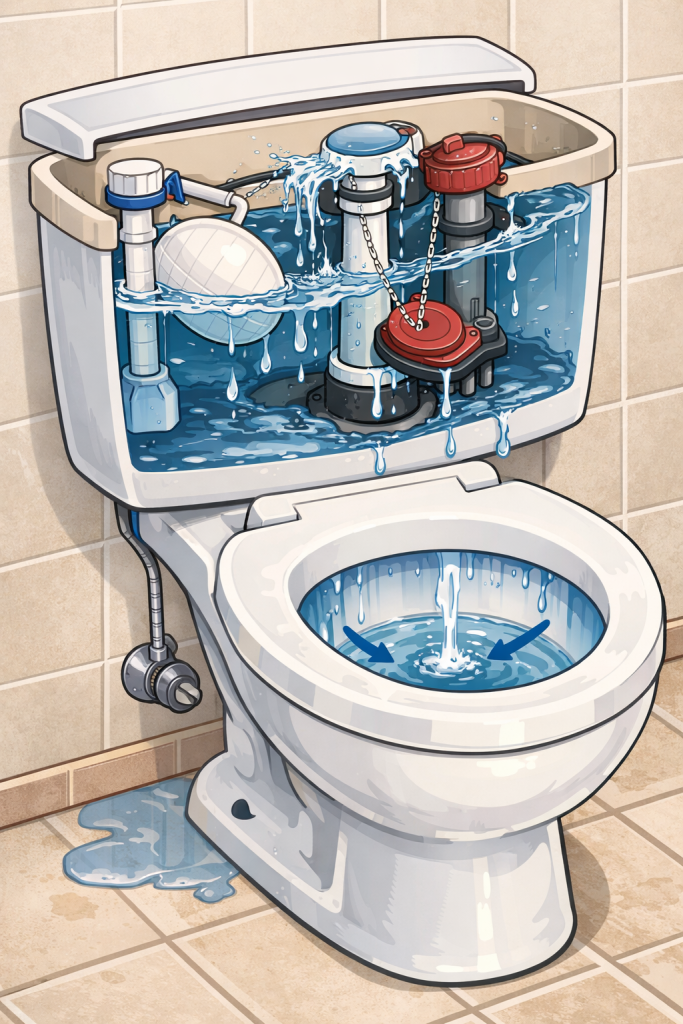 Illustration mécanisme chasse d'eau en fuite — réservoir WC ouvert